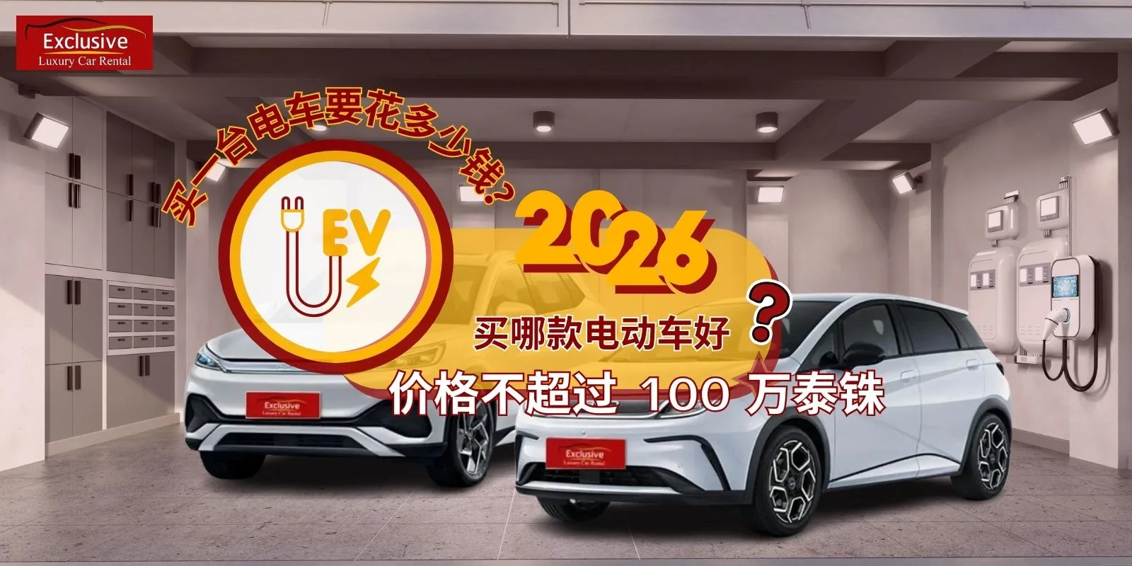 电动汽车价格是多少？随附 Exclusive Car Rental 公司的两辆电动汽车照片。