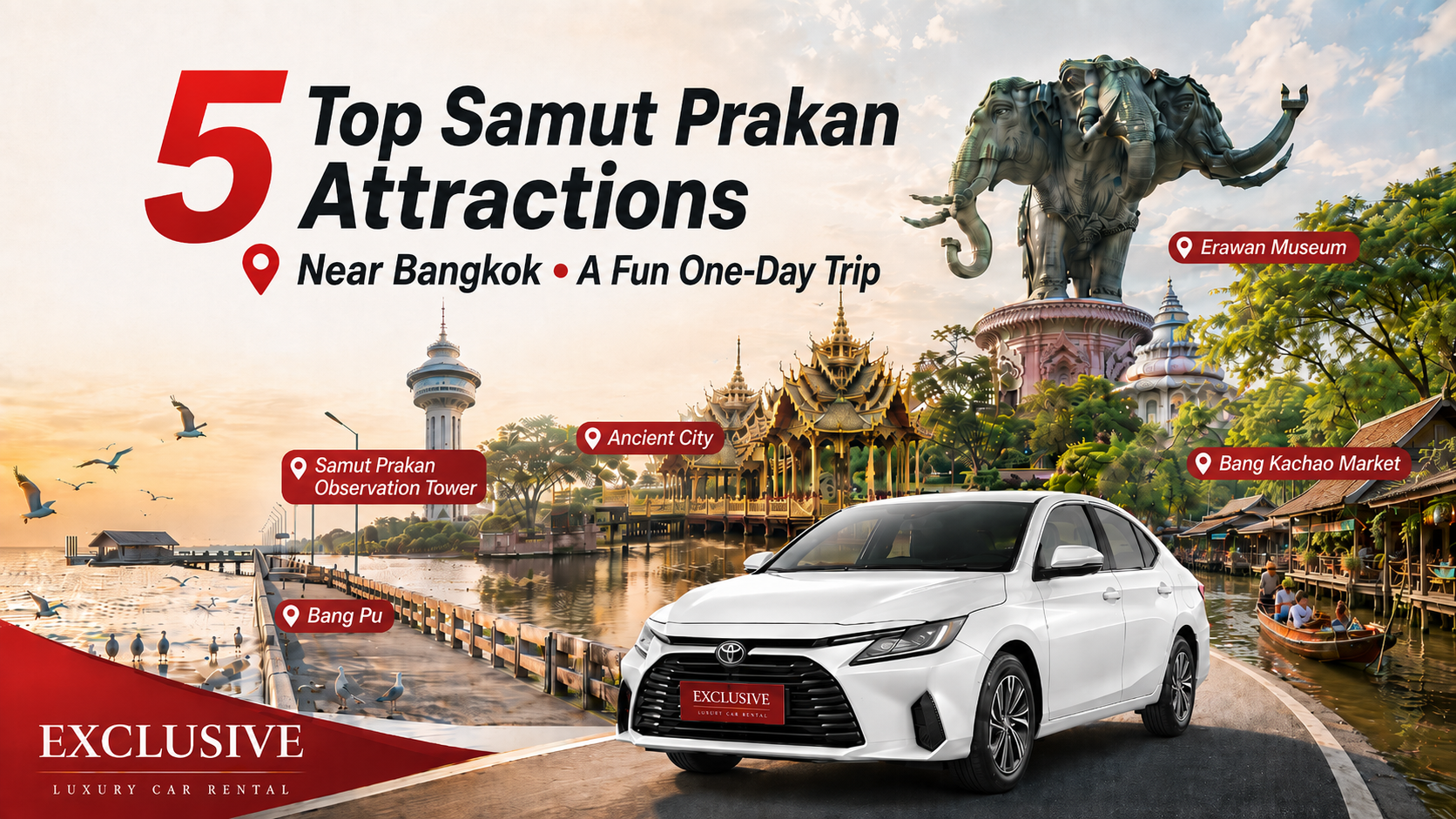 Five must-visit places in Samut Prakan include Erawan Museum{sbquo} Ancient City Bang Pu{sbquo} Bang Pu City View Tower{sbquo} and Bang Krachao Market.