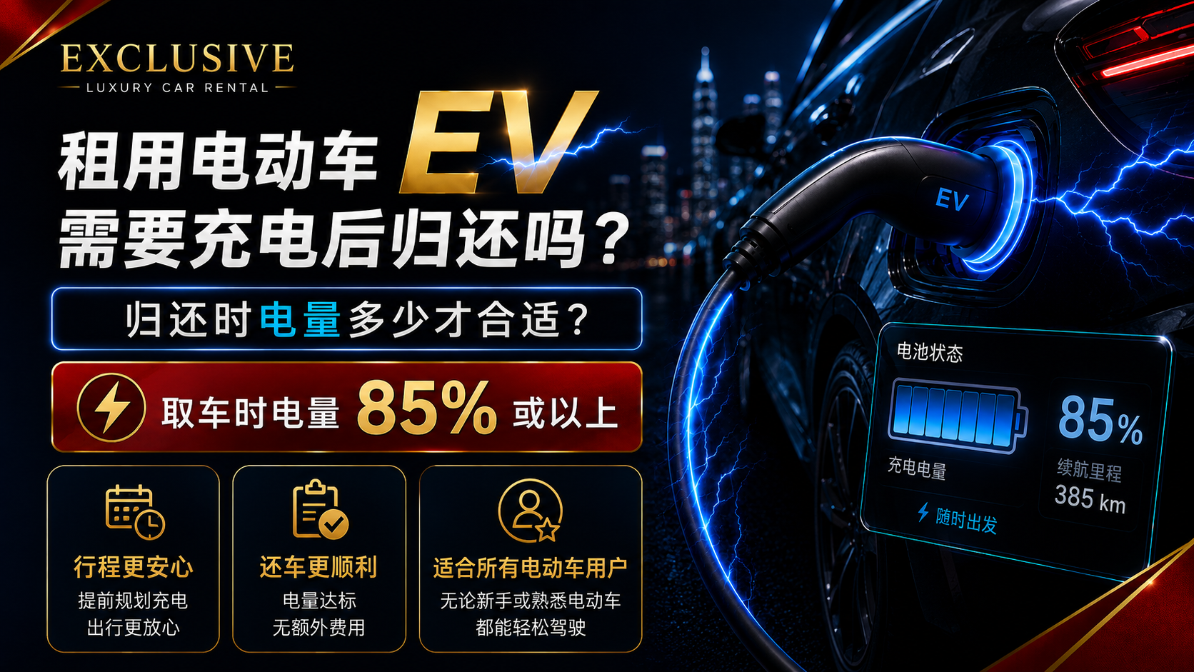 我歸還租用的電動車時需要為電池充電嗎?充電多久比較適合? 透過 Exclusive Car Rental 租用電池電量為 85% 或以上的電動車。