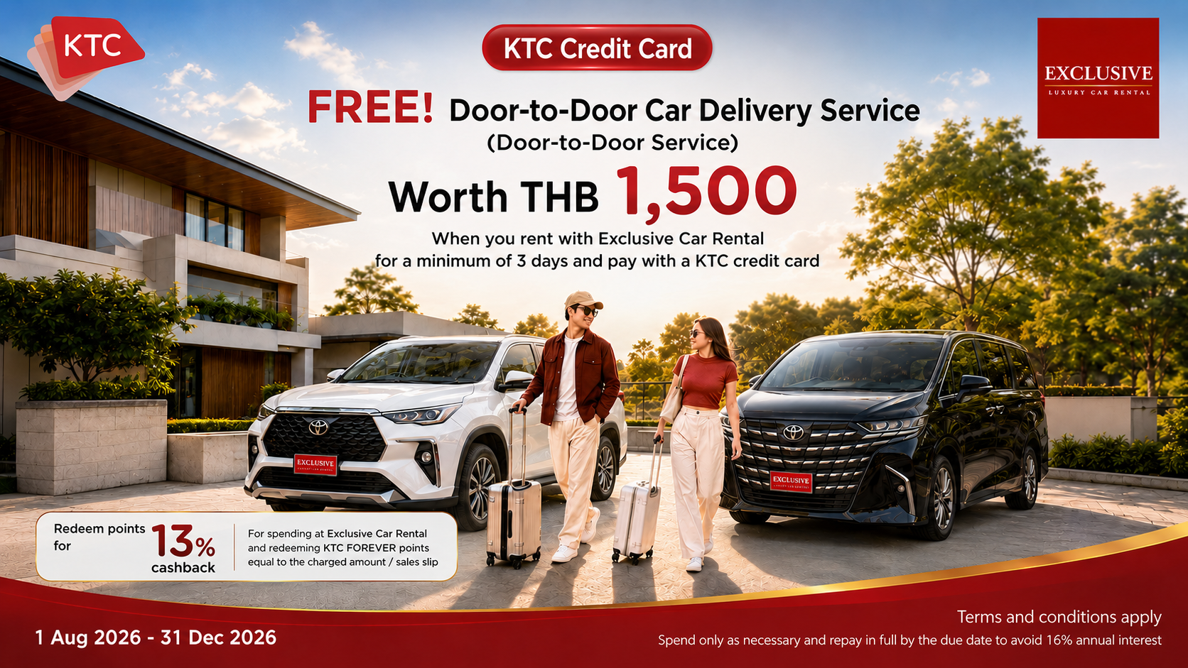 KTC car rental promotion: Get free home delivery service with Exclusive Car Rental.