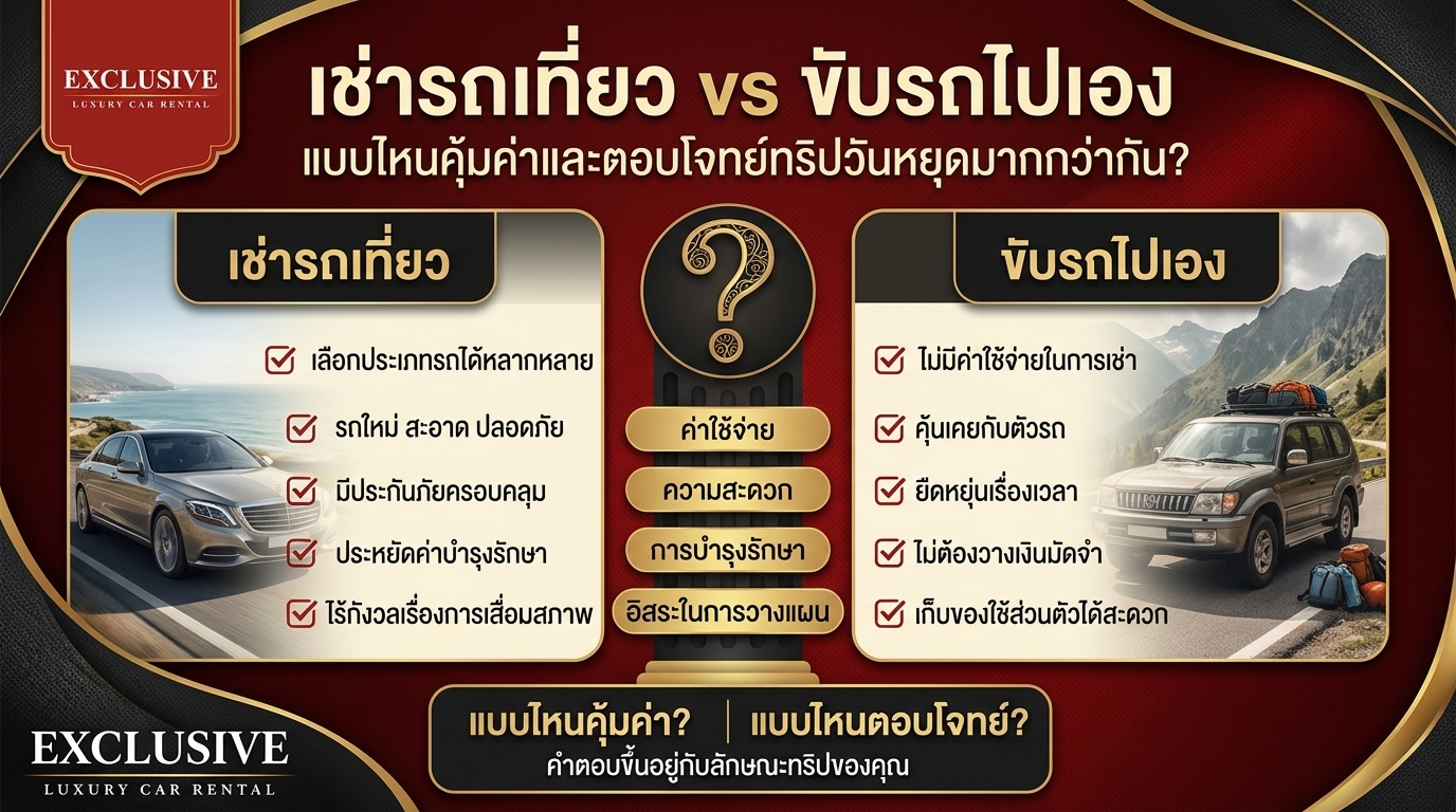 เช่ารถเที่ยว vs ขับรถไปเอง: ศึกวันหยุด! แบบไหน เช่ารถเที่ยว vs ขับรถไปเอง แบบไหนคุ้มค่าและตอบโจทย์ทริปวันหยุดมากกว่ากัน