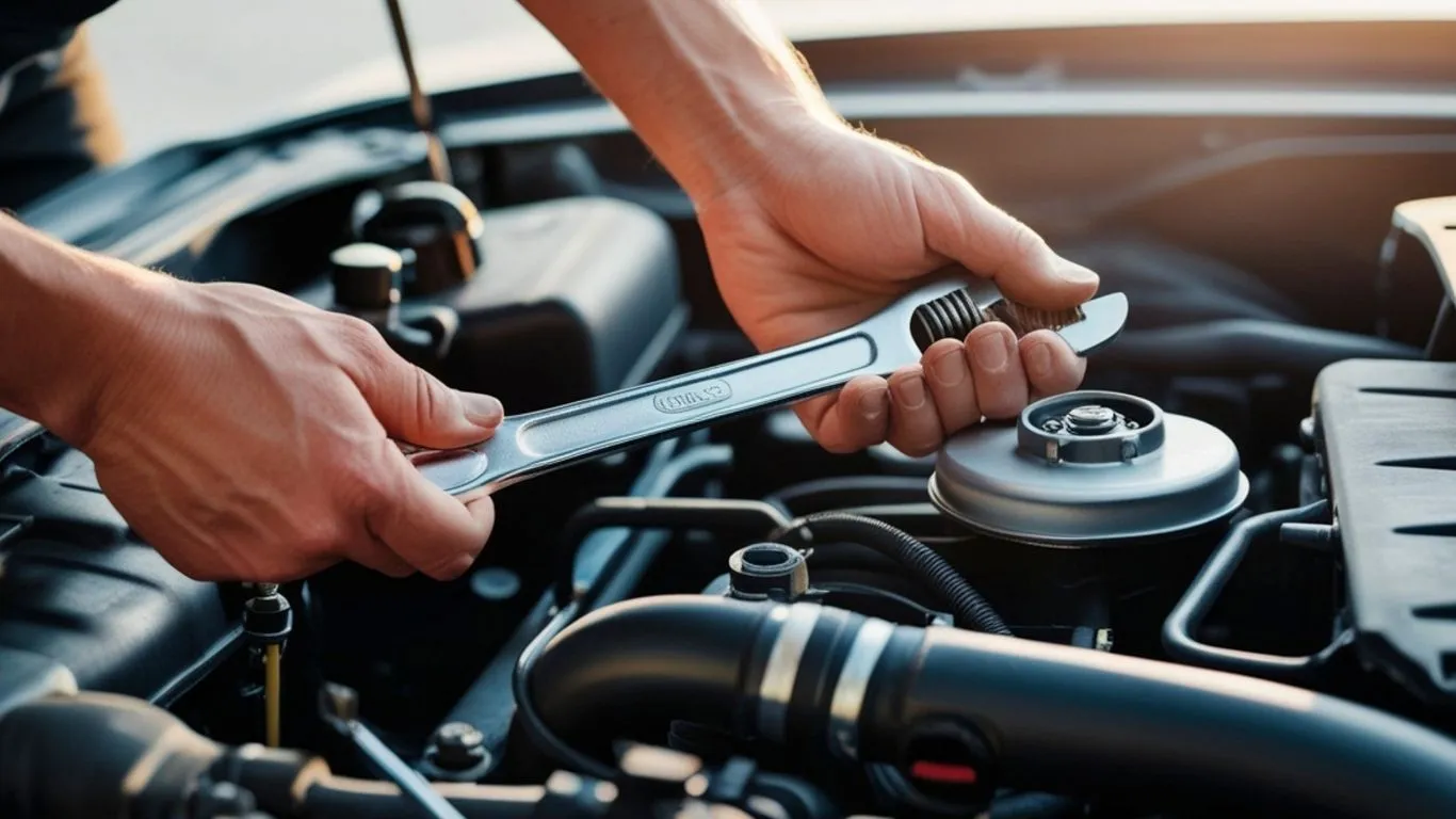 เช่ารถระหว่างซ่อม เป็นภาพช่างกำลังยื่นือถือประแจซ่อมรถ